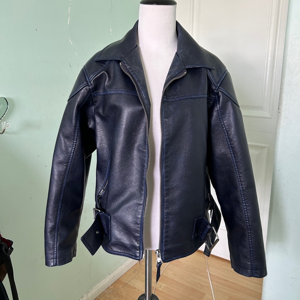 Stradivarius Navy Blue Faux Leather Bomber Jacket